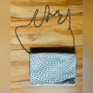 Street Level Cream Vegan Leather Fold Over Flap Crossbody Purse w/ Gold Chain